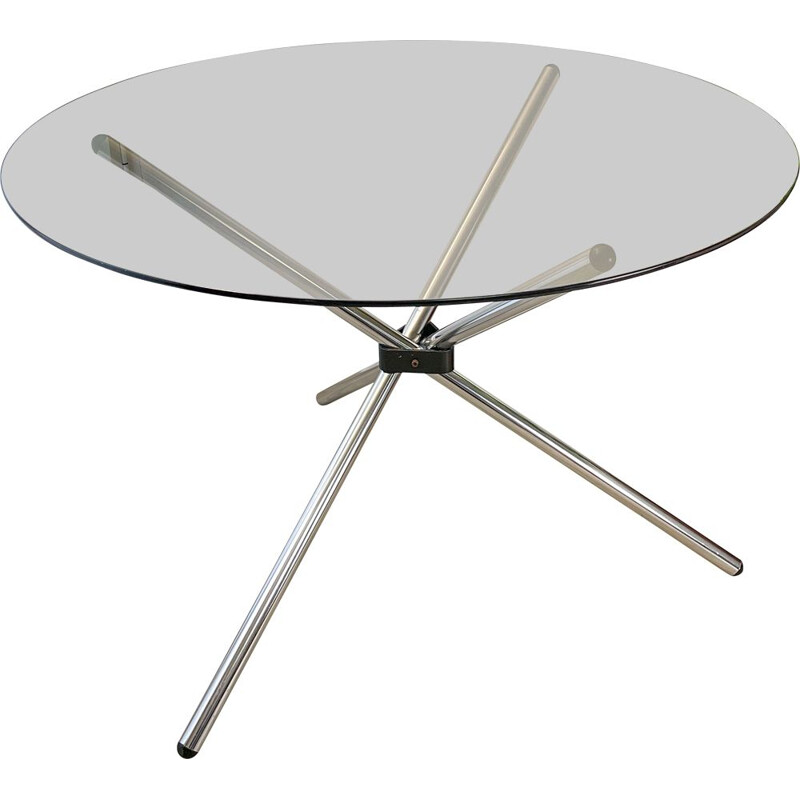 Vintage round tripod table in smoked glass by Roche Bobois, 1970s