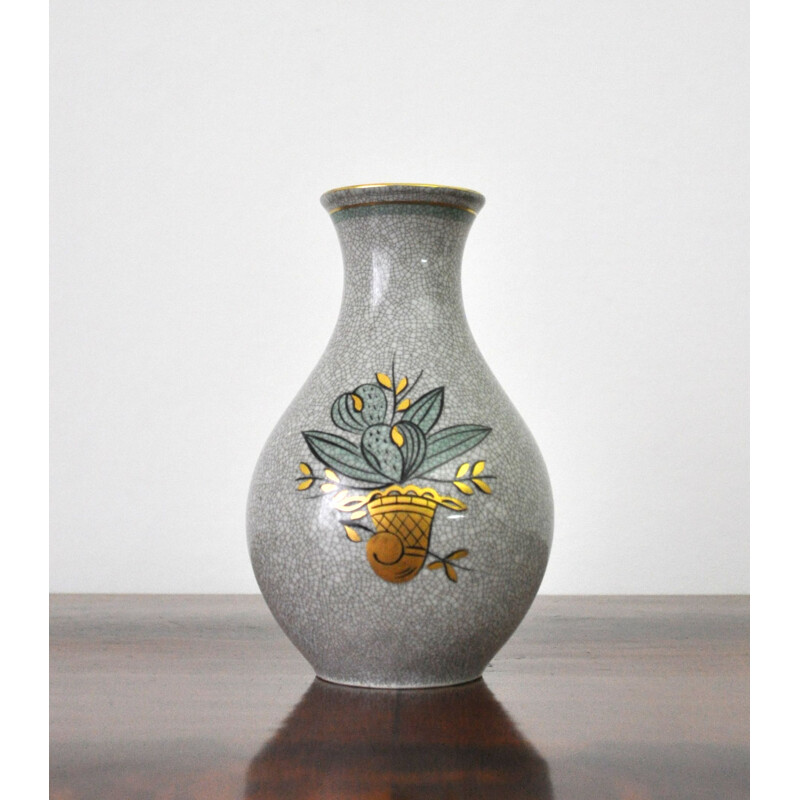 Vintage porcelain vase with gold and green on grey crackle glaze, Denmark 1930
