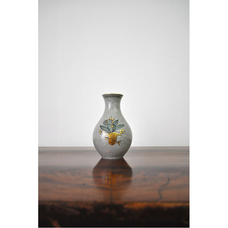 Vintage porcelain vase with gold and green on grey crackle glaze, Denmark 1930