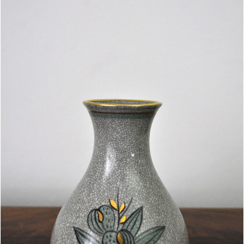 Vintage porcelain vase with gold and green on grey crackle glaze, Denmark 1930