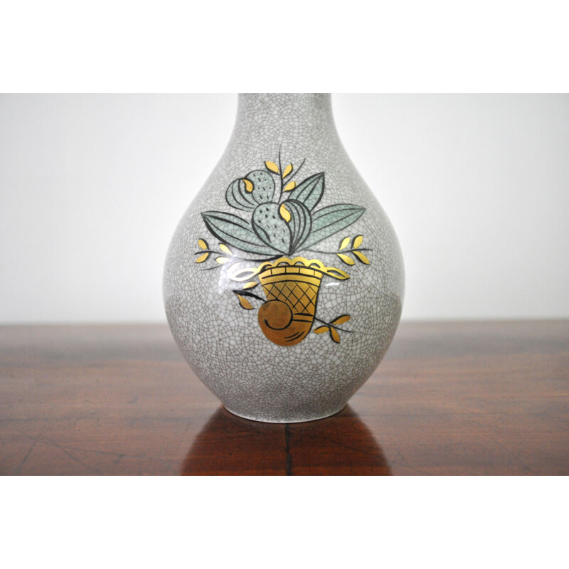 Vintage porcelain vase with gold and green on grey crackle glaze, Denmark 1930