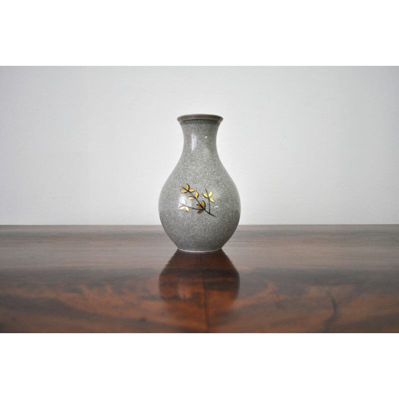Vintage porcelain vase with gold and green on grey crackle glaze, Denmark 1930