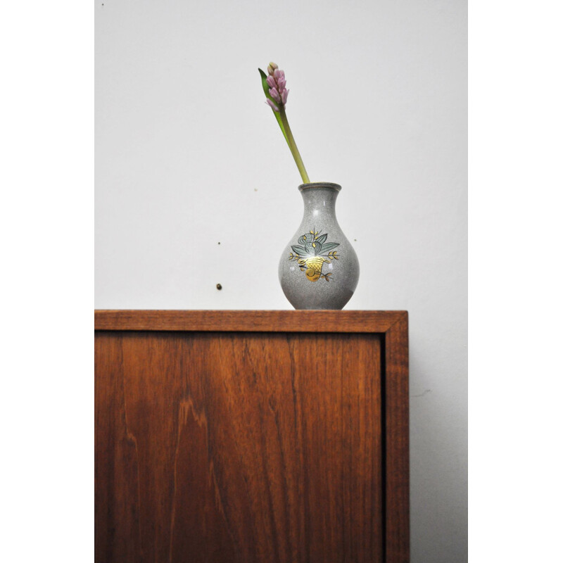 Vintage porcelain vase with gold and green on grey crackle glaze, Denmark 1930