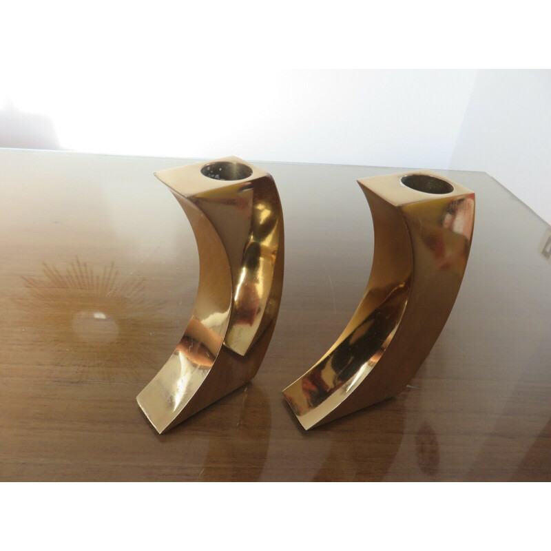 Pair of vintage modernist gilt brass candleholders, 1970s