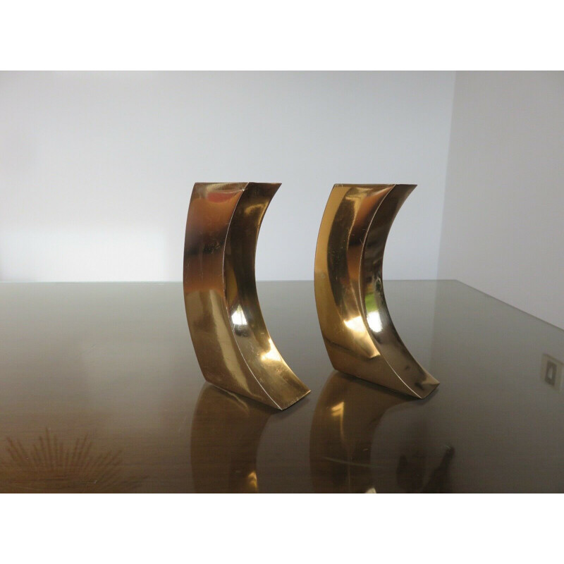 Pair of vintage modernist gilt brass candleholders, 1970s