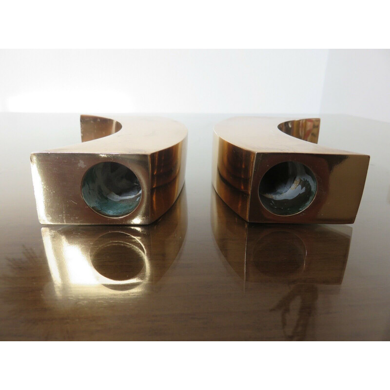 Pair of vintage modernist gilt brass candleholders, 1970s