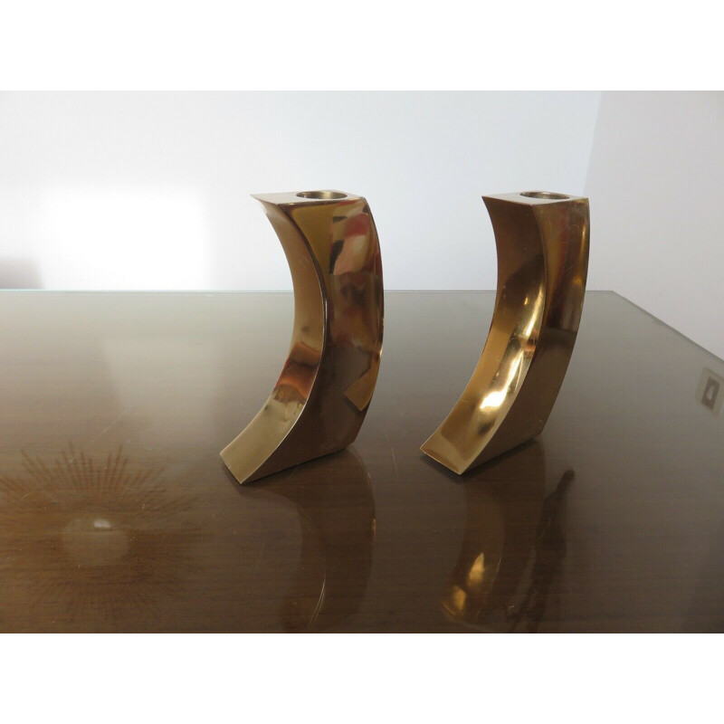 Pair of vintage modernist gilt brass candleholders, 1970s