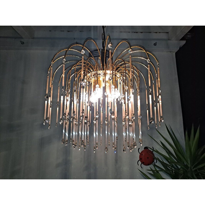 Vintage large gold and pink murano waterfall chandelier, 1970s