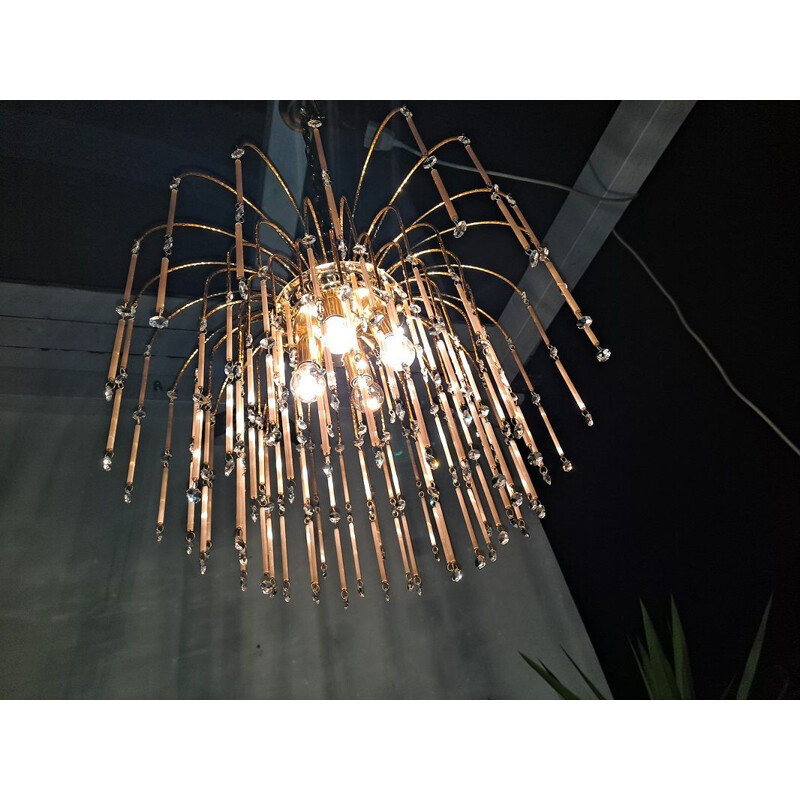 Vintage large gold and pink murano waterfall chandelier, 1970s