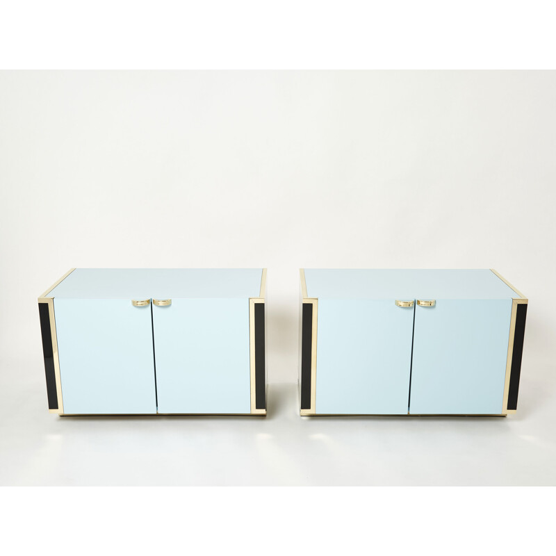 Pair of blue and black lacquered brass cabinets by J.C. Mahey, 1970s