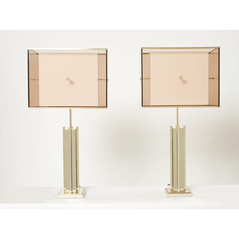 Pair of vintage brass and chrome plexiglass lamps by Romeo Rega, 1970s