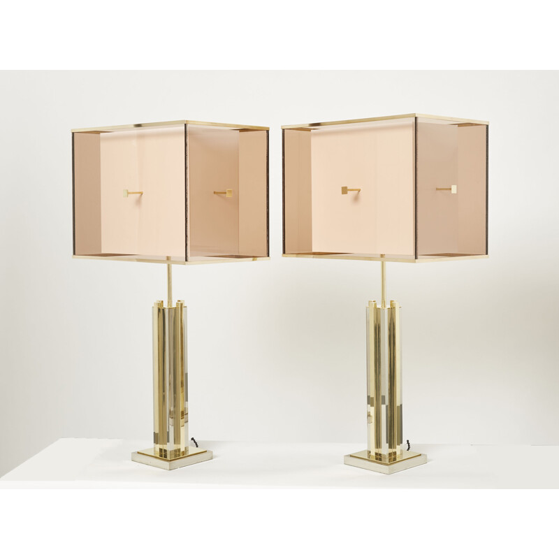 Paire de lampes vintage en laiton et chrome plexiglass par Romeo Rega, 1970