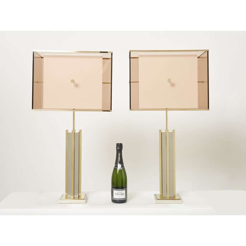 Pair of vintage brass and chrome plexiglass lamps by Romeo Rega, 1970s