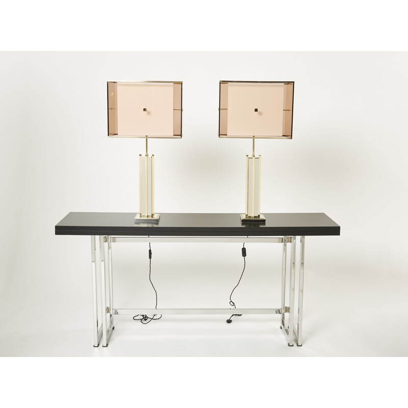 Pair of vintage brass and chrome plexiglass lamps by Romeo Rega, 1970s