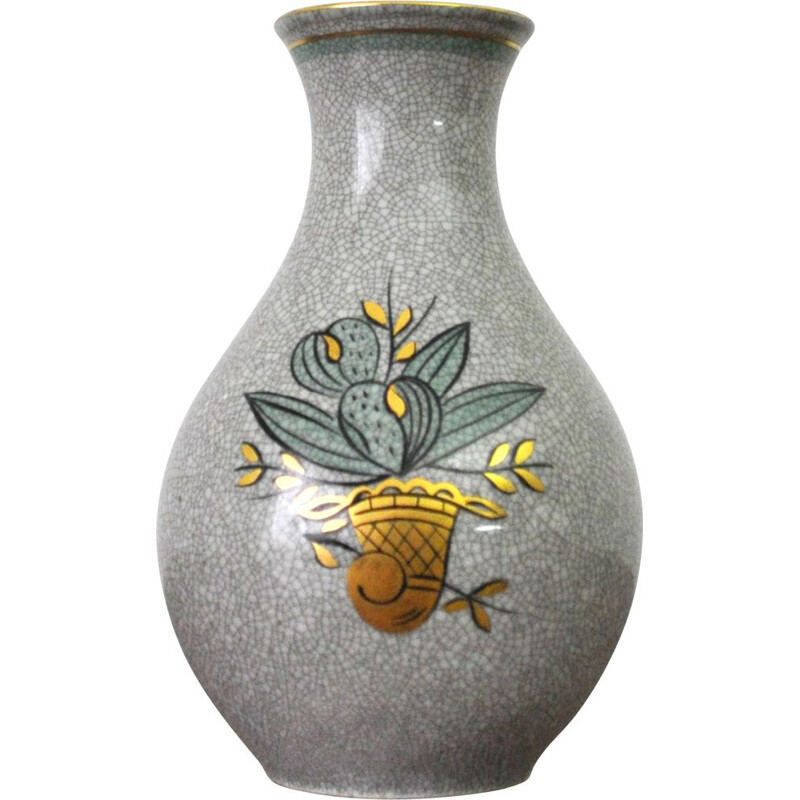 Jarrón vintage de porcelana dorada y verde sobre esmalte craquelado gris, Dinamarca 1930