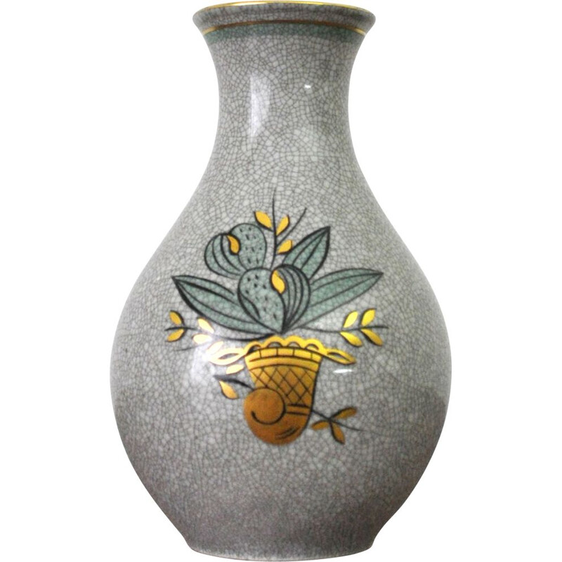 Vase vintage en porcelaine à glaçure craquelée or et vert sur gris, Danemark 1930