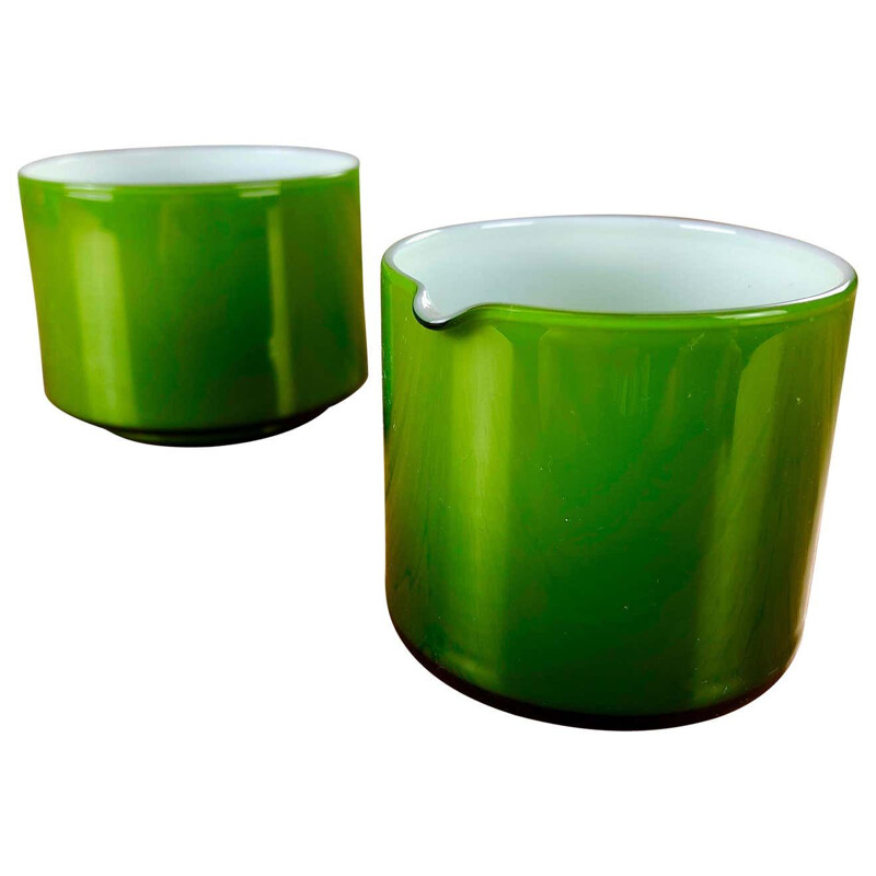 Vintage green glass creamer and sugar bowl by Michael Bang, Denmark 1970