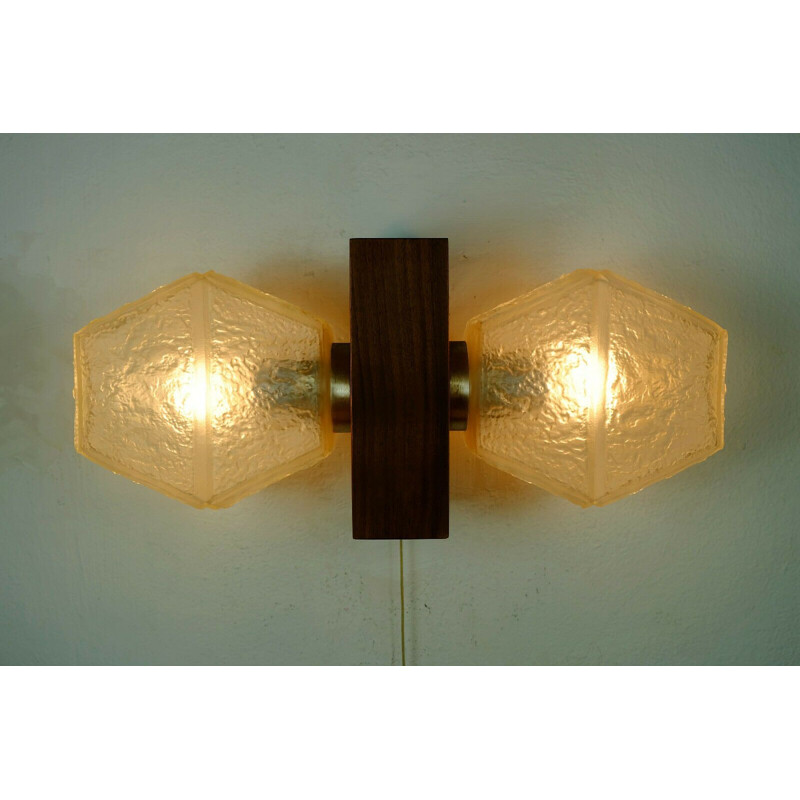 Mid-century 2-light sconce wall lamp teak glass metal by Temde-Leuchten, 1960s
