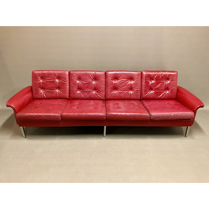 Red leather sofa 4 seats vintage, 1950s