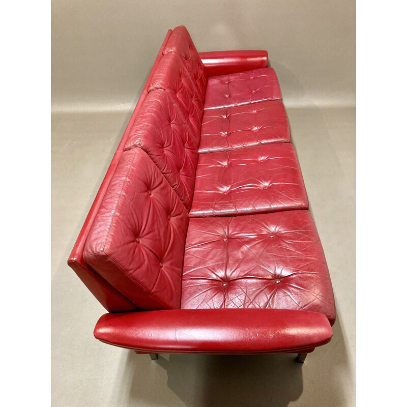 Red leather sofa 4 seats vintage, 1950s