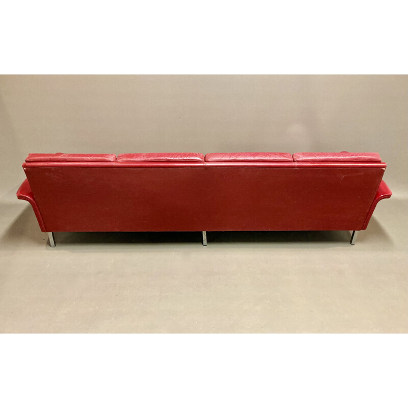 Red leather sofa 4 seats vintage, 1950s