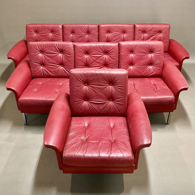 Red leather sofa 4 seats vintage, 1950s