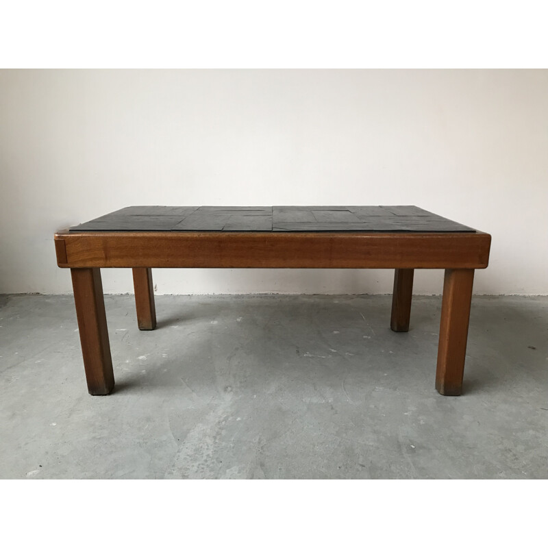 Vintage coffee table in solid elm and slate by Maison Regain