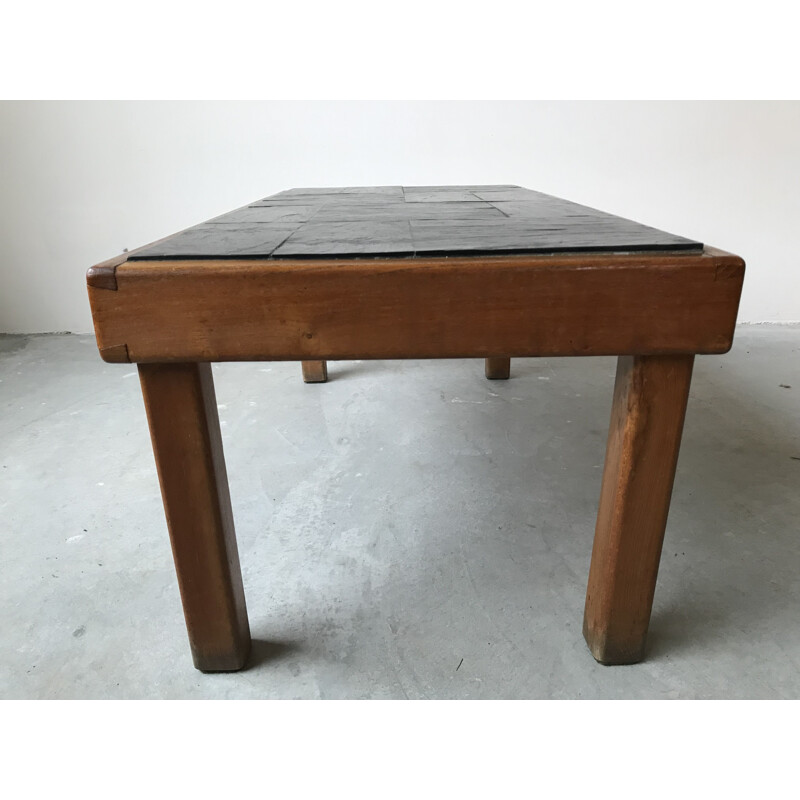 Vintage coffee table in solid elm and slate by Maison Regain