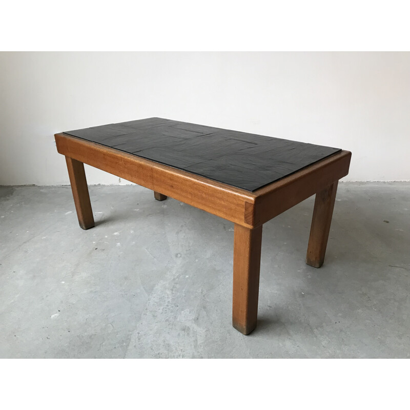 Vintage coffee table in solid elm and slate by Maison Regain