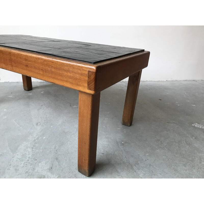 Vintage coffee table in solid elm and slate by Maison Regain