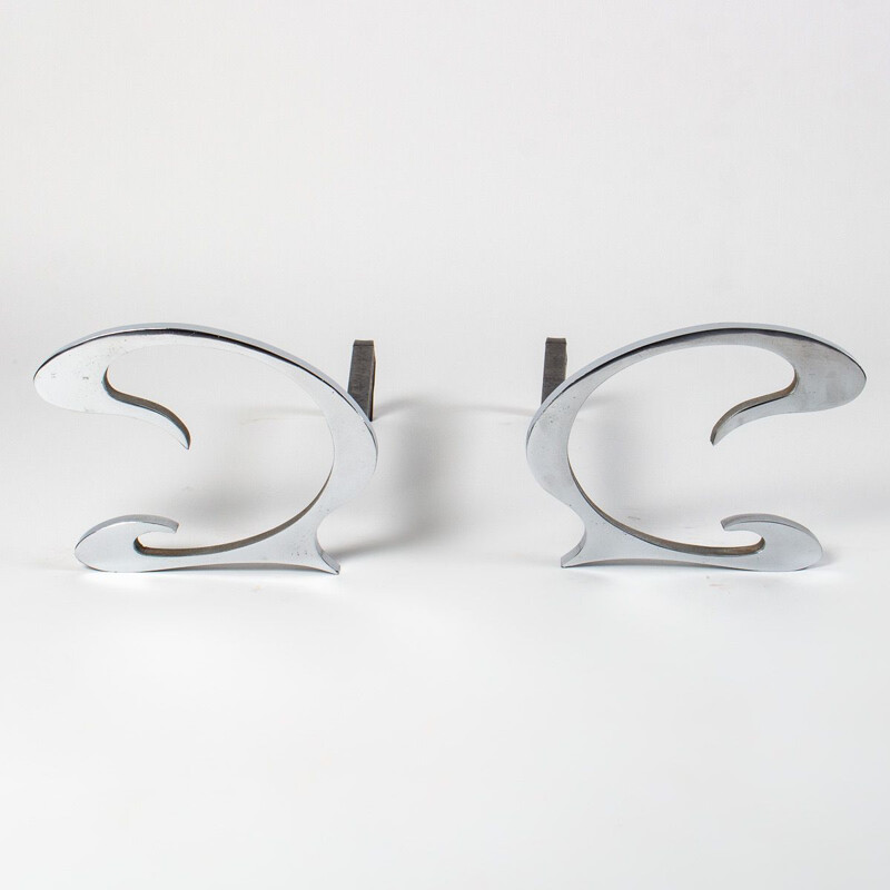 Pair of brushed steel andirons by Jean-Paul, 1970s