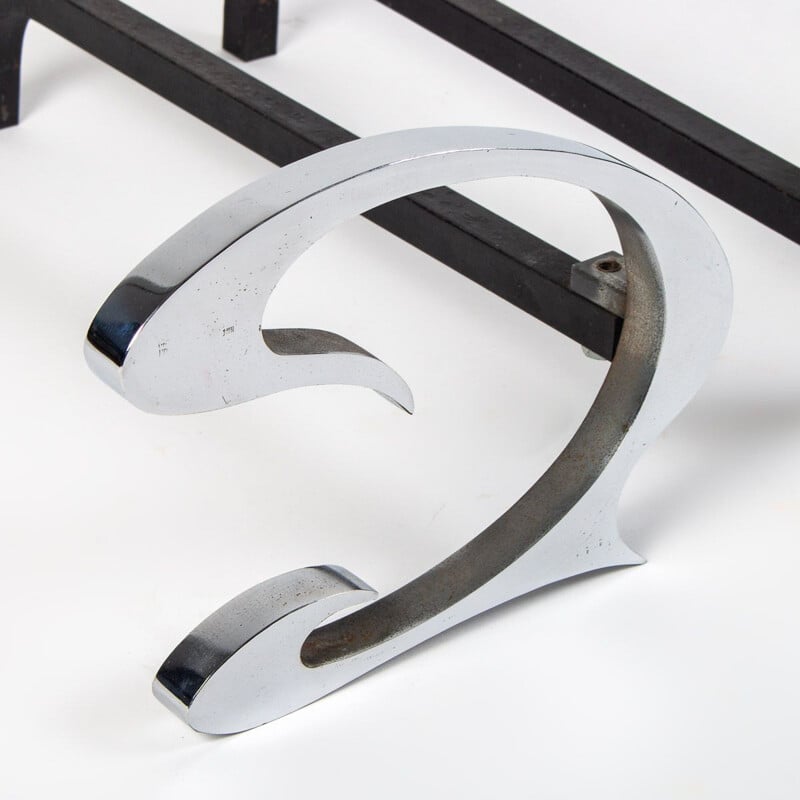 Pair of brushed steel andirons by Jean-Paul, 1970s