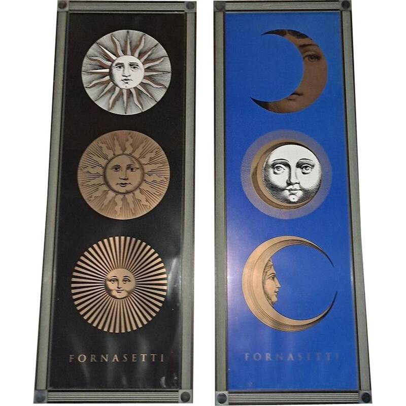 Pareja de carteles vintage de Piero Fornasetti con 3 motivos de sol y luna