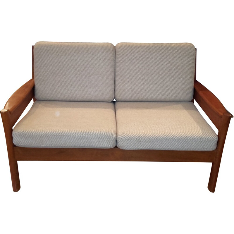 Danish Dyrlund 2-seater sofa in solid teak and beige fabric - 1960s