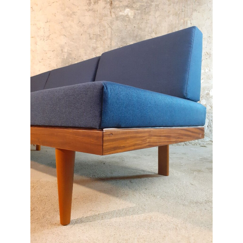 Lettino norvegese vintage in teak e tessuto blu di Ingmar Relling per Ekornes, 1960