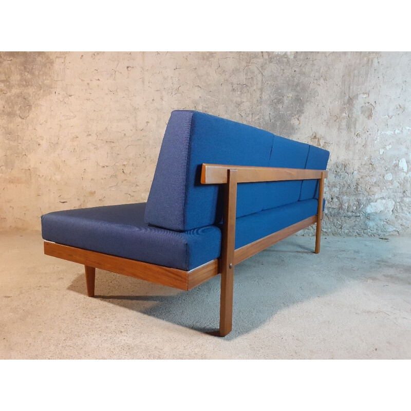 Lettino norvegese vintage in teak e tessuto blu di Ingmar Relling per Ekornes, 1960