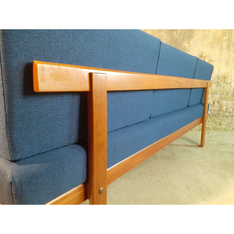 Lettino norvegese vintage in teak e tessuto blu di Ingmar Relling per Ekornes, 1960