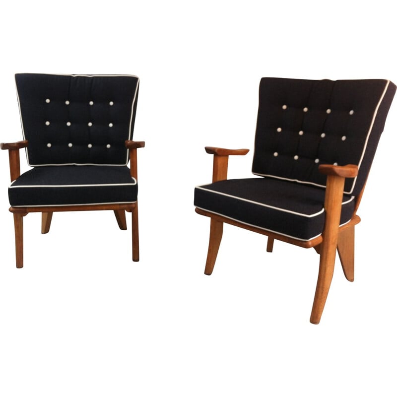 Paire de fauteuils Votre Maison en chêne et tissu, GUILLERME & CHAMBRON - 1950