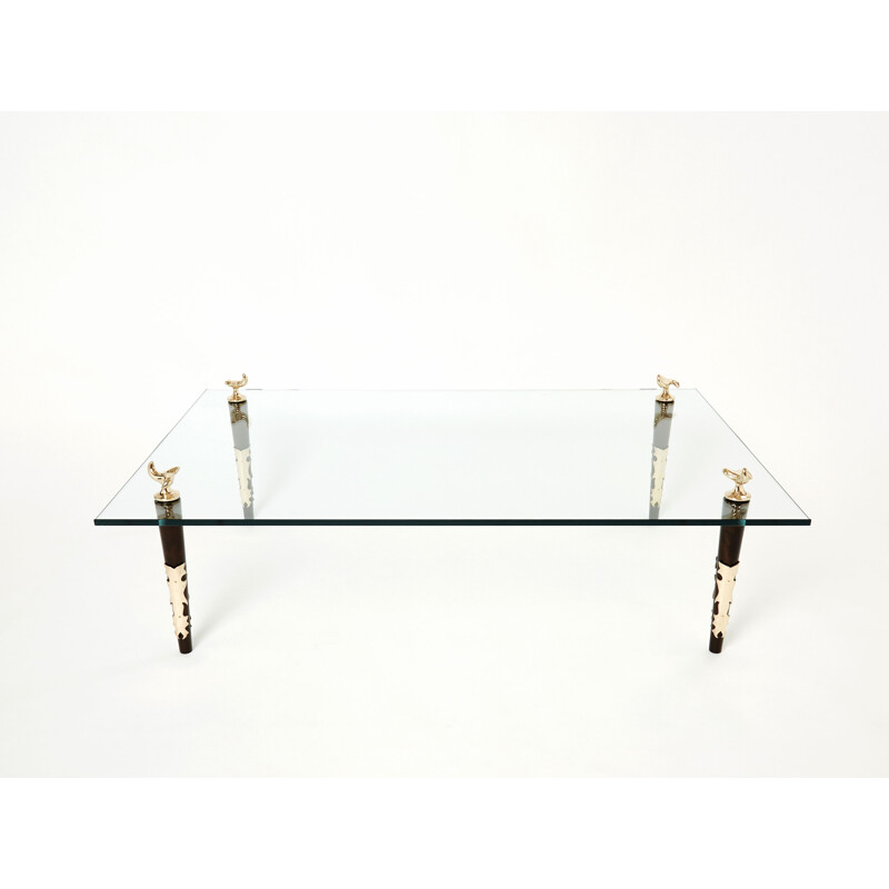 Table basse vintage en acajou bronze et verre "Quatuor" par Garouste et Bonetti, 1995