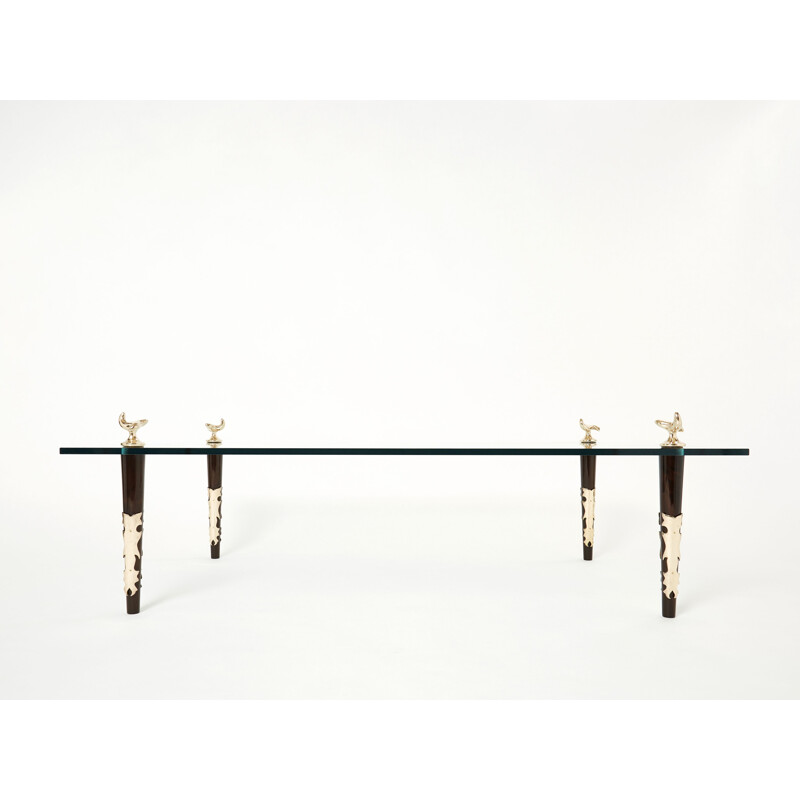 Table basse vintage en acajou bronze et verre "Quatuor" par Garouste et Bonetti, 1995