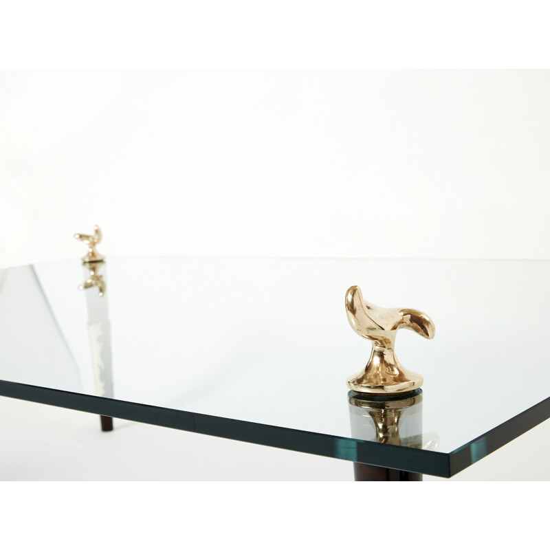 Mesa de centro vintage de caoba, bronce y cristal "Quatuor" de Garouste y Bonetti, 1995