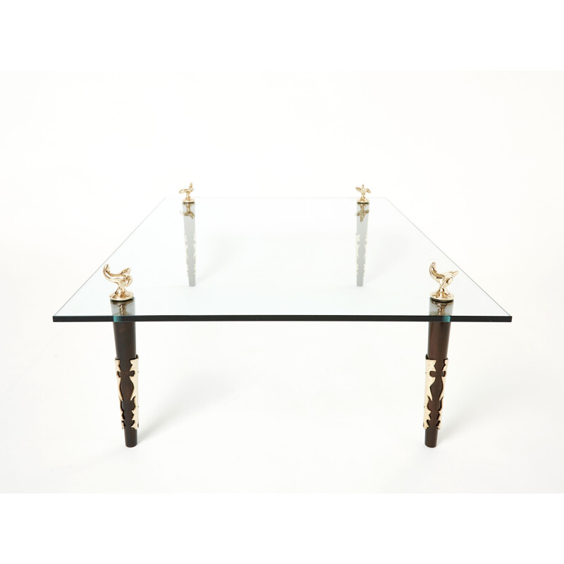 Table basse vintage en acajou bronze et verre "Quatuor" par Garouste et Bonetti, 1995