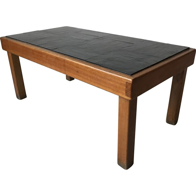 Vintage coffee table in solid elm and slate by Maison Regain