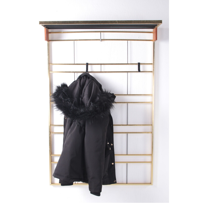 Vintage brass wall coat rack with hat shelf, 1960s