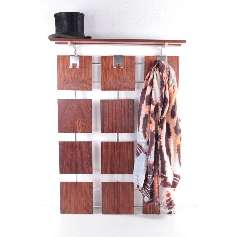 Vintage rosewood wall coat rack with hat shelf, 1960s