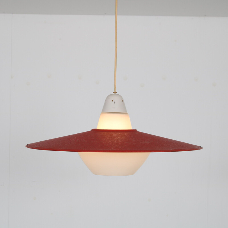 Mid-century red metal hanging lamp, Netherlands 1950s