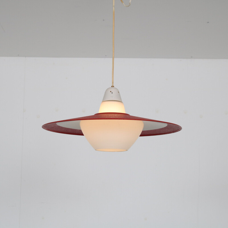 Mid-century red metal hanging lamp, Netherlands 1950s