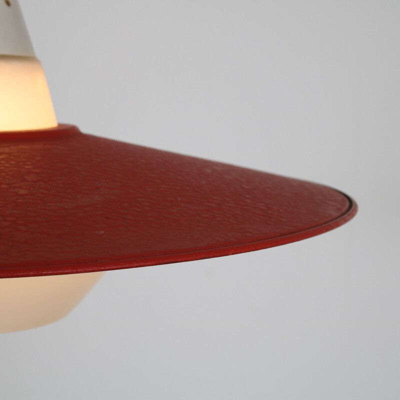 Mid-century red metal hanging lamp, Netherlands 1950s