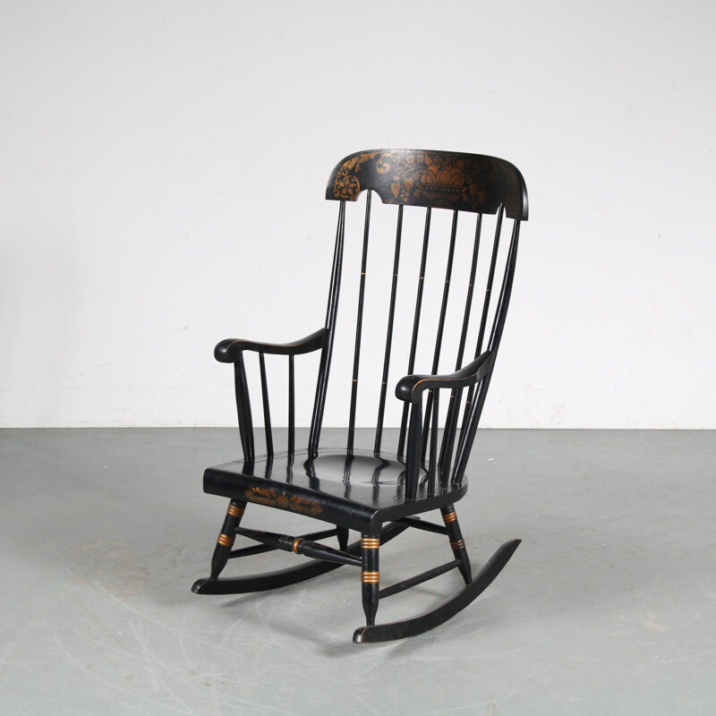 Vintage zwarte houten schommelstoel, USA 1940