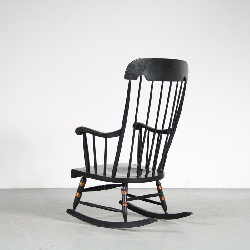 Cadeira de baloiço de madeira preta Vintage, EUA 1940